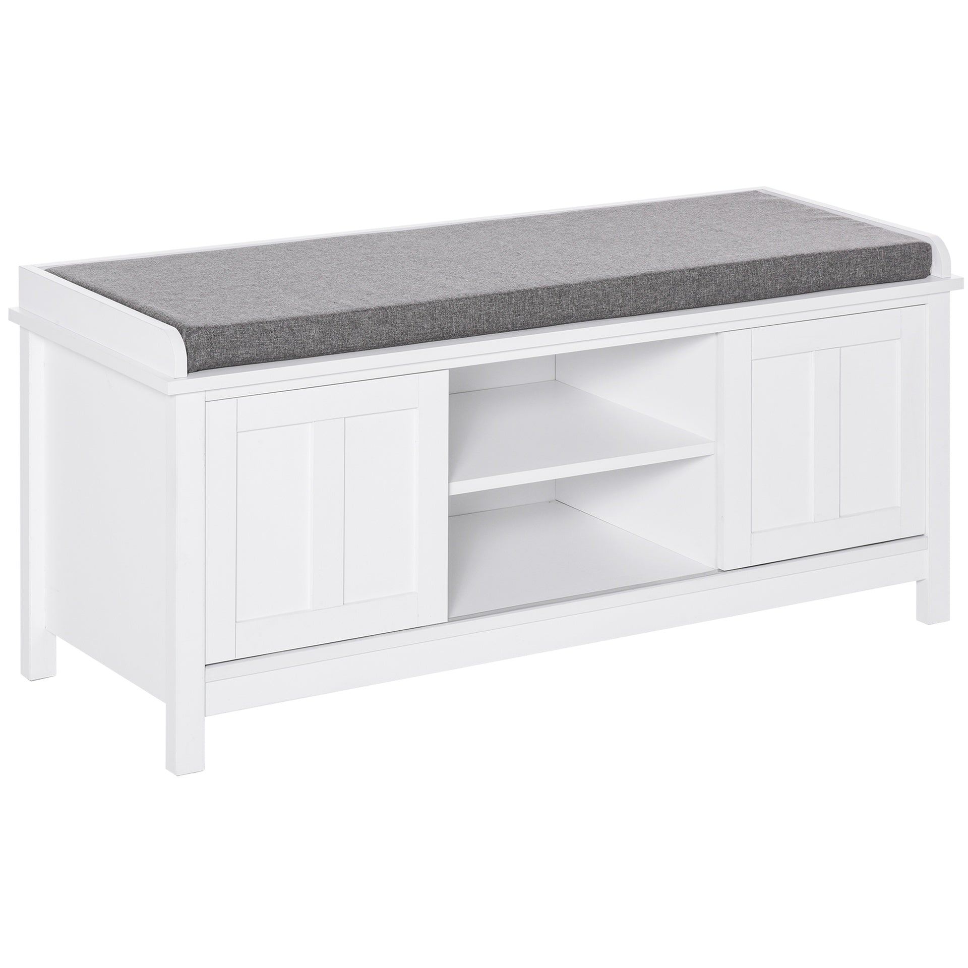 HOMCOM Entryway Shoe Bench Storage Ottoman with Sliding Doors, Adjustable Shelving, 6 Compartments, and Padded Seat, Holds 10 Pairs, White
