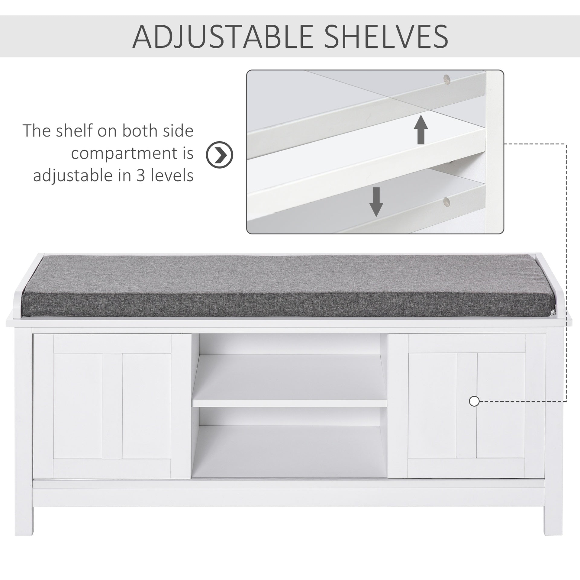 HOMCOM Entryway Shoe Bench Storage Ottoman with Sliding Doors, Adjustable Shelving, 6 Compartments, and Padded Seat, Holds 10 Pairs, White