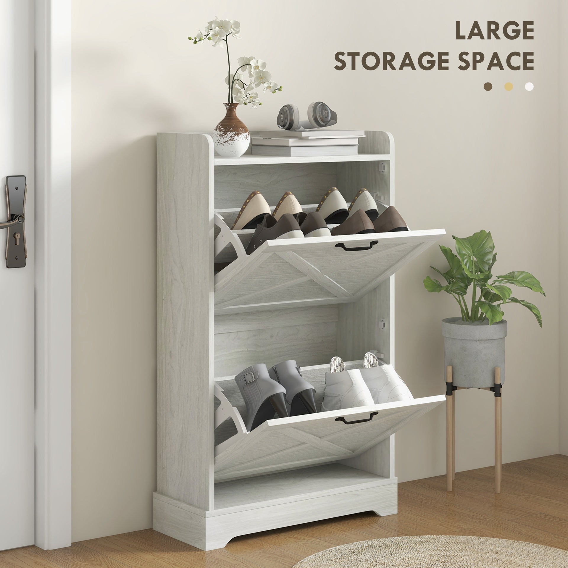HOMCOM Slim Shoe Cabinet for Entryway, Farmhouse Hidden Shoe Storage Cabinet with 2 Flip Drawers and Adjustable Shelves for 8 Pairs of Shoes, Distressed White
