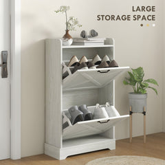HOMCOM Slim Shoe Cabinet for Entryway, Farmhouse Hidden Shoe Storage Cabinet with 2 Flip Drawers and Adjustable Shelves for 8 Pairs of Shoes, Distressed White