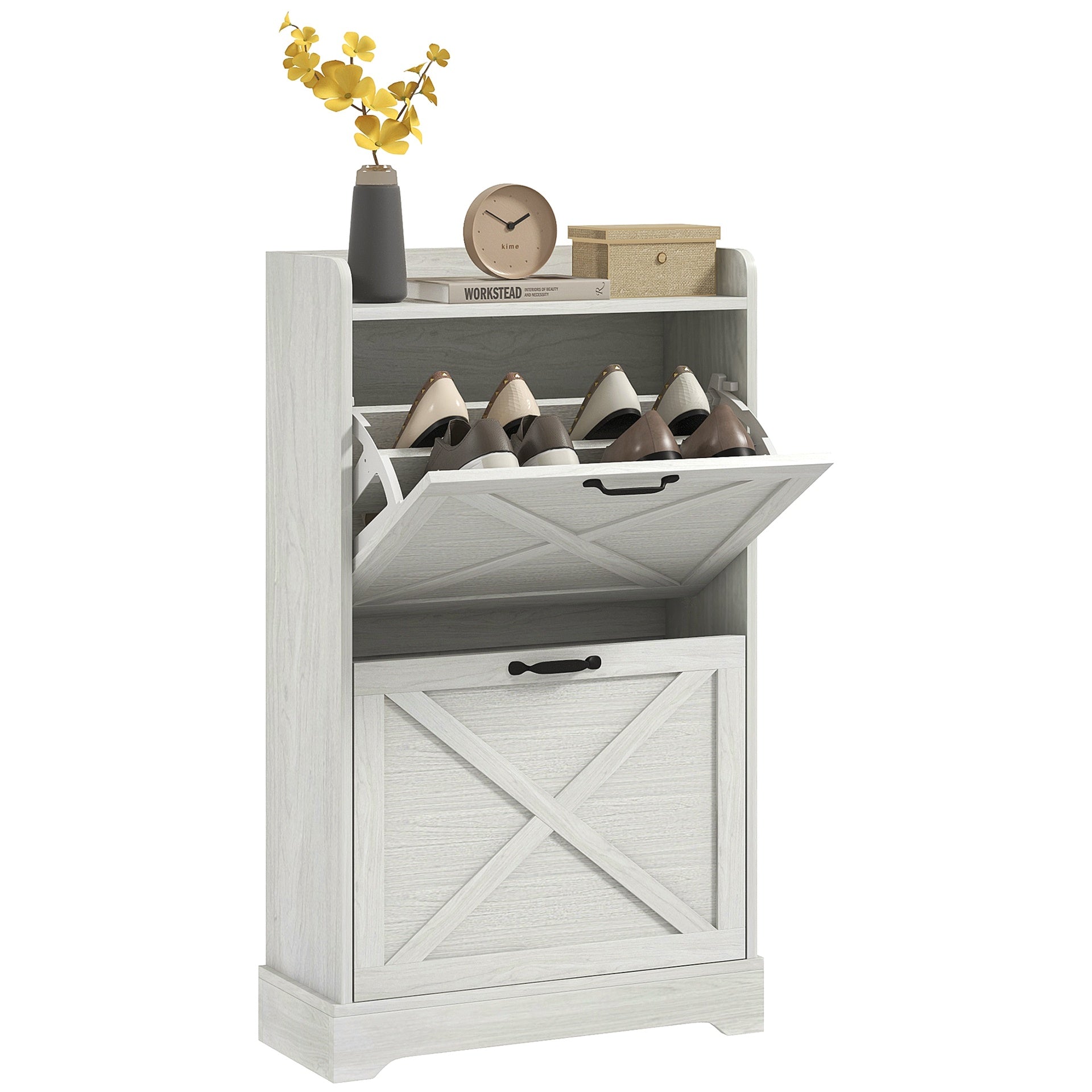 HOMCOM Slim Shoe Cabinet for Entryway, Farmhouse Hidden Shoe Storage Cabinet with 2 Flip Drawers and Adjustable Shelves for 8 Pairs of Shoes, Distressed White