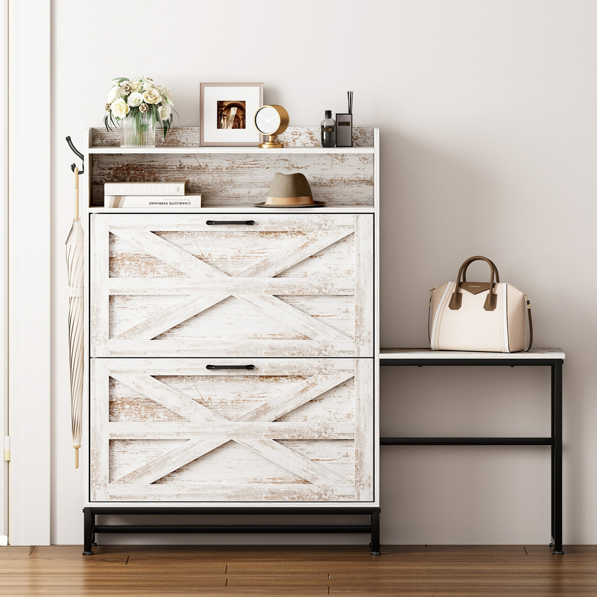 Shoe Cabinet, Entry Home Shoe Cabinet, Entrance Balcony Storage Cabinet, Large Capacity Shoe Rack, White
