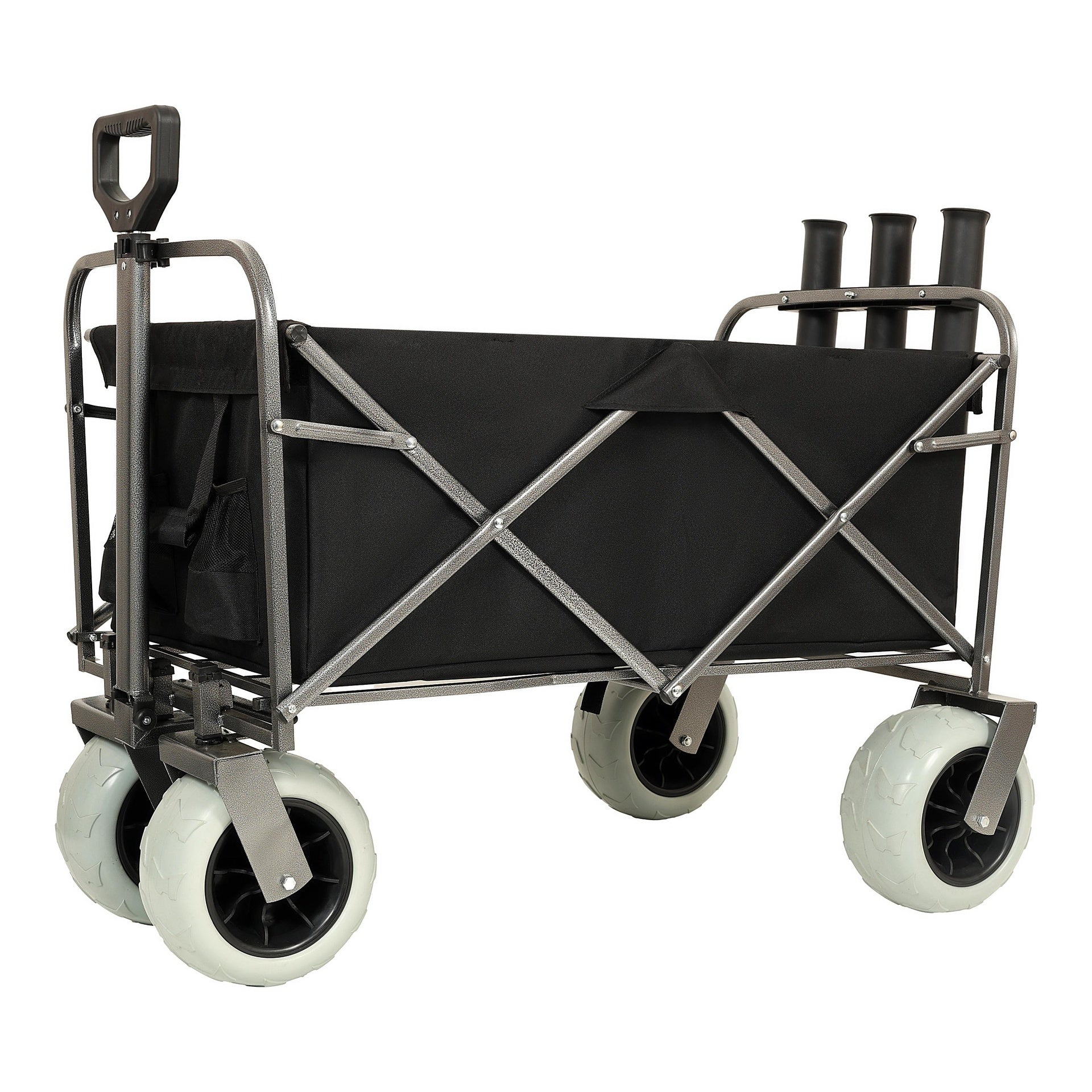 Fishing Cart with Rod Holders ,Beach Wagon with Big Wheels for Sand 500lbs capacity - All Terrain Steel Frame Utility Cart with 9" Pneumatic Tires,strap with multiuse bag ,black