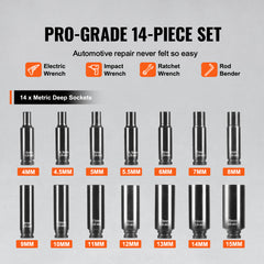 Impact Sockets Set 14pcs 6-Point 1/4" Drive Bit Ratchet Tool Kit Case
