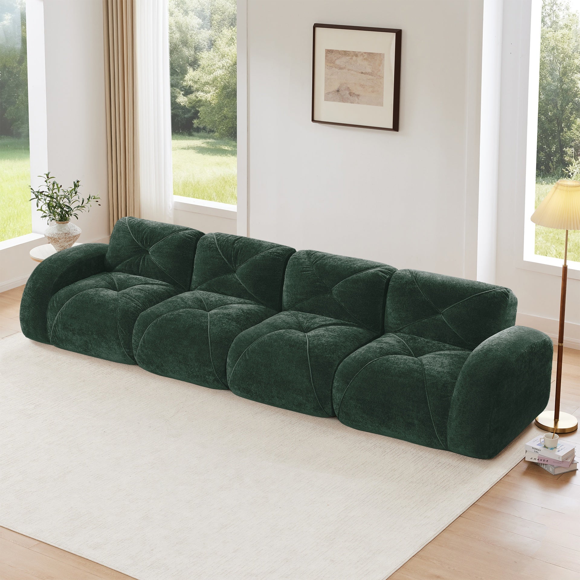 140''Soft Velvet  Fabric,Boneless Sofa With Tufted,32D High Density Sponge,Ergonomic Design Bottom,No Assembly Required,Bottom Anti-Slip Design,For Living Rooms,Home Theater,Green