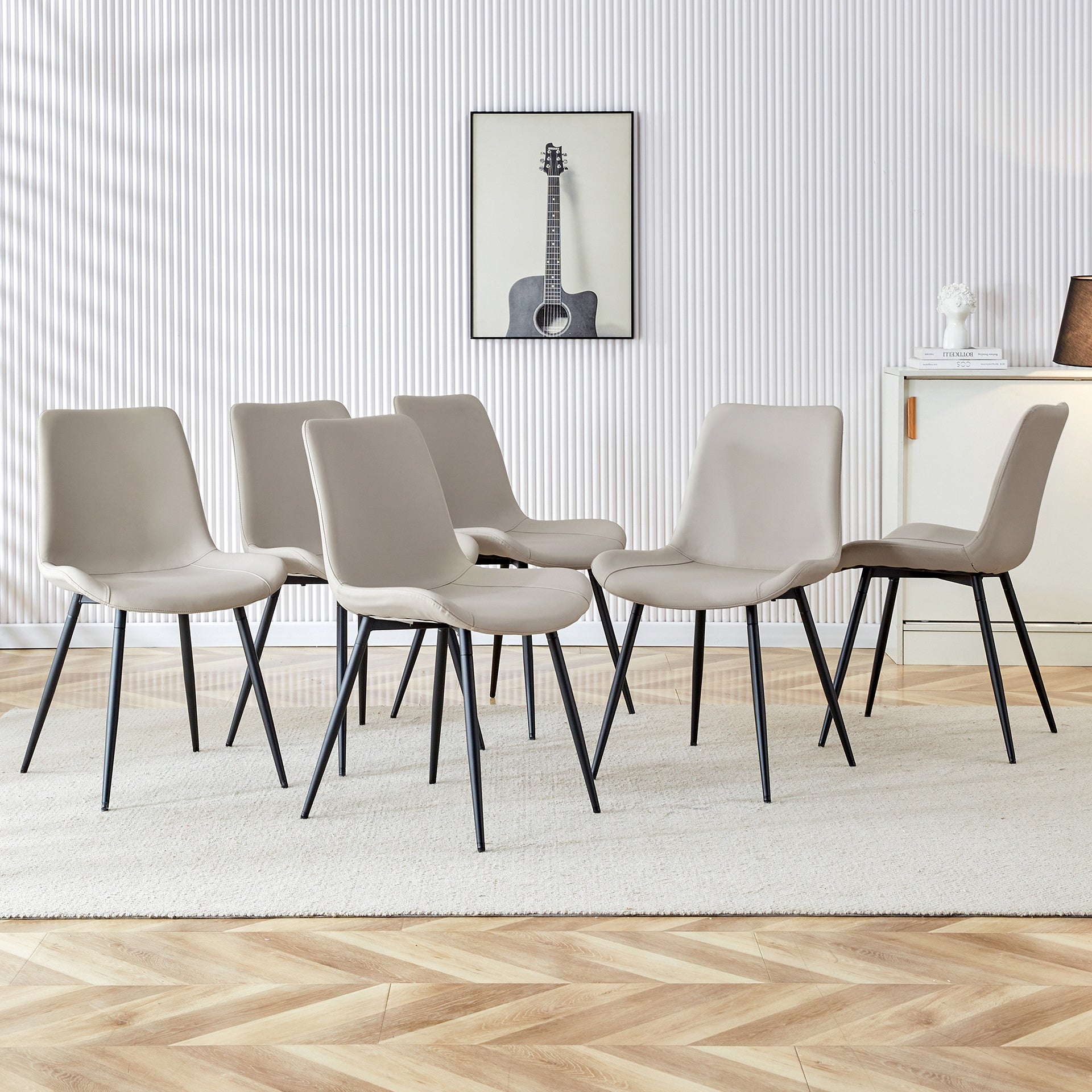 Light gray artificial leather backrest cushion dining chair, black metal legs, curved widened cushion design for more comfort, suitable for restaurants, kitchens, bedrooms, offices.(6 chairs) 0502