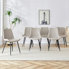 Light gray artificial leather backrest cushion dining chair, black metal legs, curved widened cushion design for more comfort, suitable for restaurants, kitchens, bedrooms, offices.(6 chairs) 0502