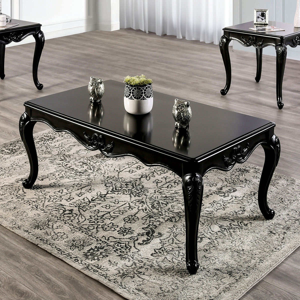 Traditional Style Rectangle Coffee Table  Curved Shaped Legs Carved Design Solid Wood Structure Espresso / Black Finish