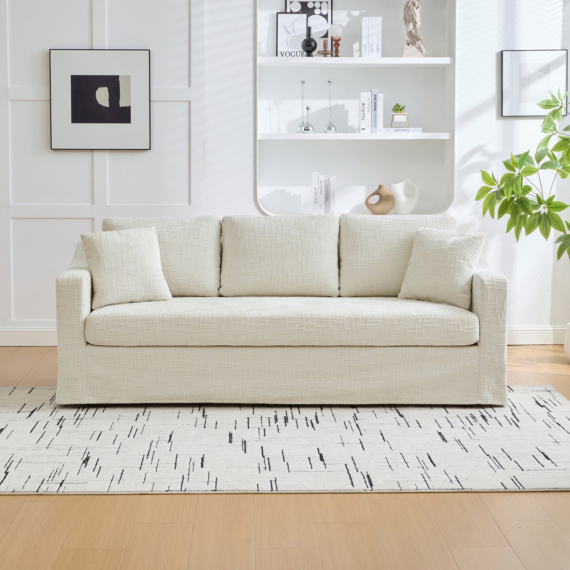 83.86" wide modern casual sofa, chenille fabric, deep seat, three-seater, with removable upholstery cover, suitable for living room, bedroom, apartment.BEIGE