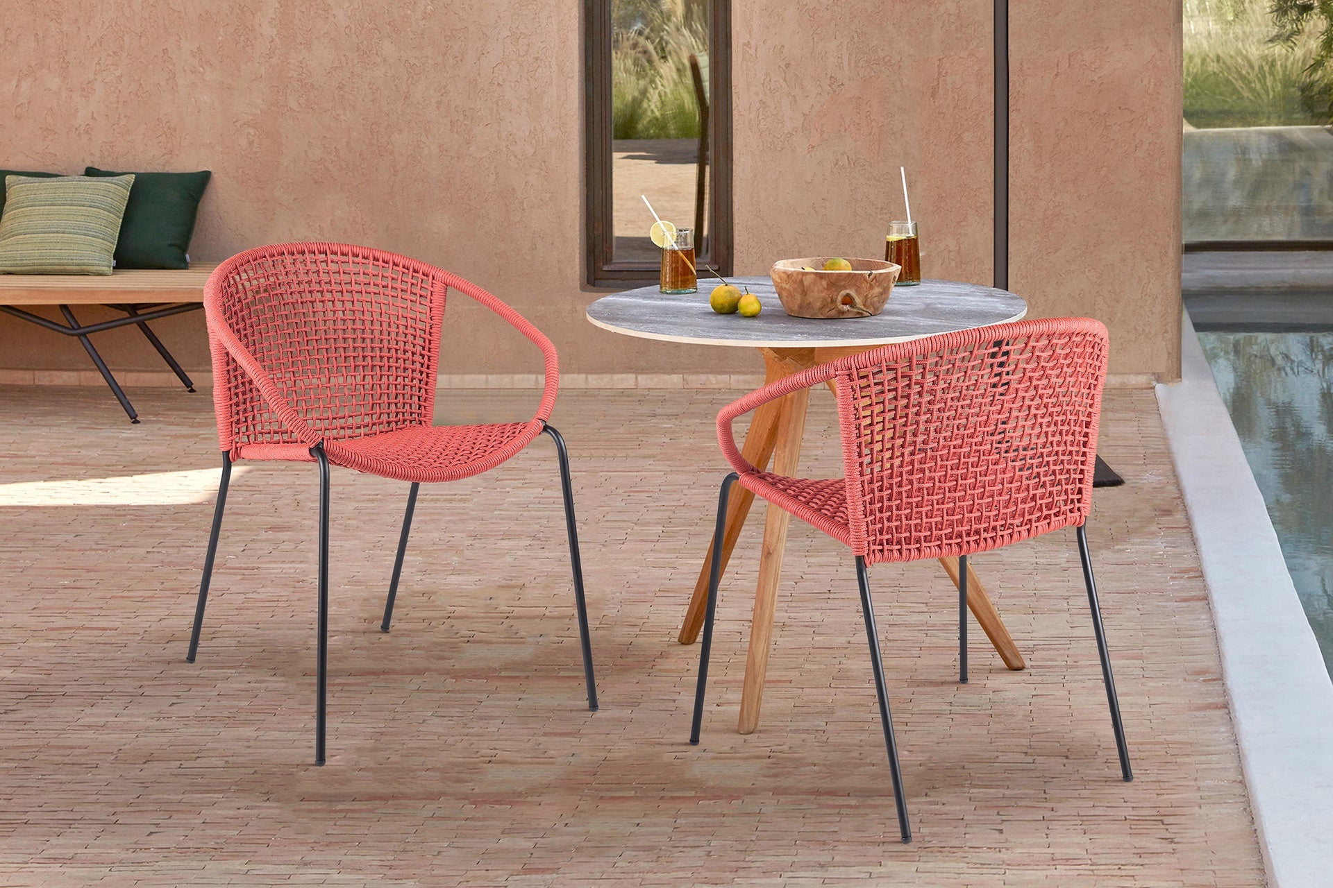 Quilla Indoor Outdoor Stackable Steel Dining Chair with Brick Red Rope - Set of 2