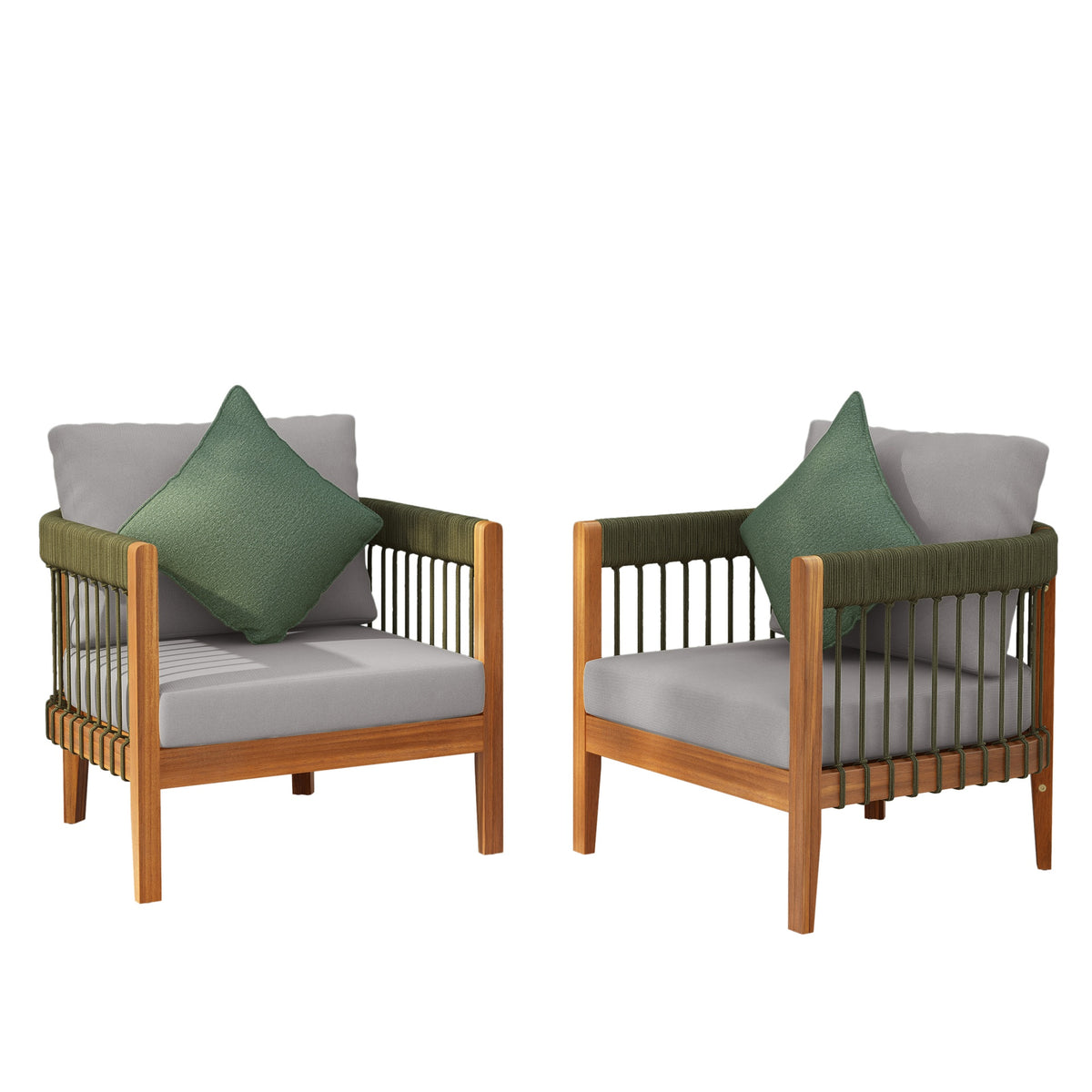 [Set of 2] Acacia Wood Outdoor Club Chair with Handwoven Rope Accents & Curved Backrest - Water-Resistant Boho Patio Lounge Chair with Removable Cushions for Porch, Garden