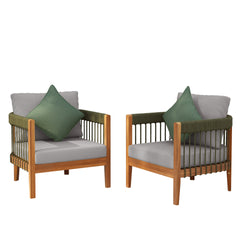 [Set of 2] Acacia Wood Outdoor Club Chair with Handwoven Rope Accents & Curved Backrest - Water-Resistant Boho Patio Lounge Chair with Removable Cushions for Porch, Garden