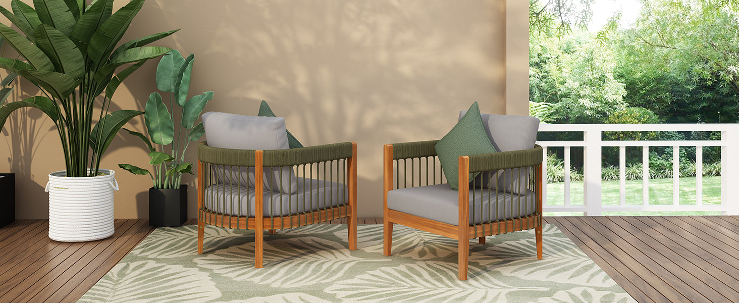 [Set of 2] Acacia Wood Outdoor Club Chair with Handwoven Rope Accents & Curved Backrest - Water-Resistant Boho Patio Lounge Chair with Removable Cushions for Porch, Garden