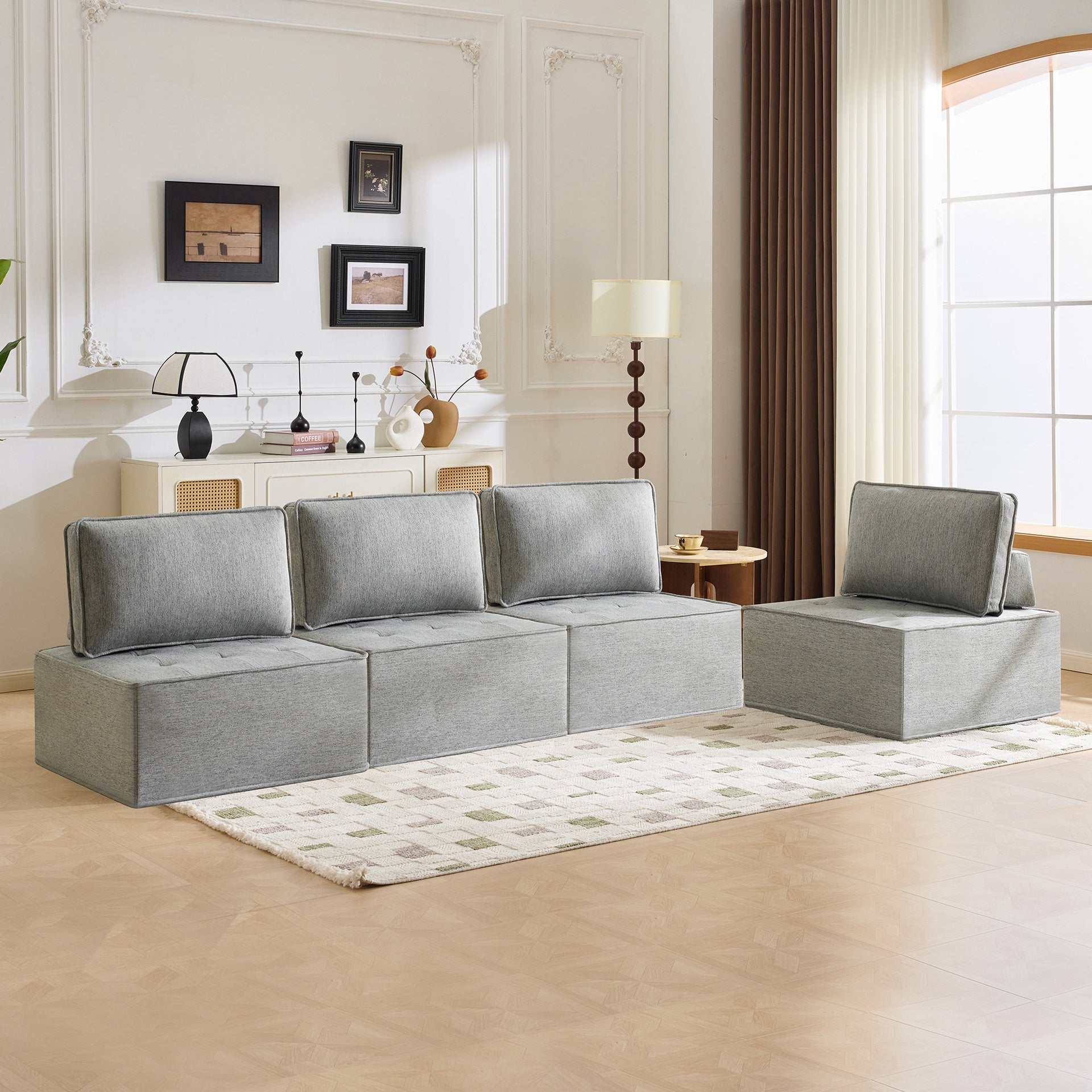 The light gray linen wooden frame sofa can be freely spliced, meeting various needs such as in small apartment living rooms and adapting to various decoration styles."
