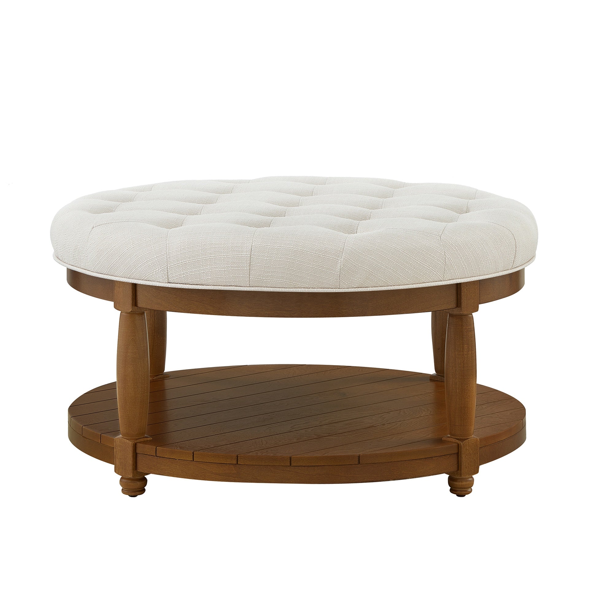 Large Round Upholstered Tufted Linen Ottoman Coffee Table, Large Footrest Ottoman with Wood Shelf Storage- Ivory