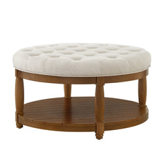 Large Round Upholstered Tufted Linen Ottoman Coffee Table, Large Footrest Ottoman with Wood Shelf Storage- Ivory