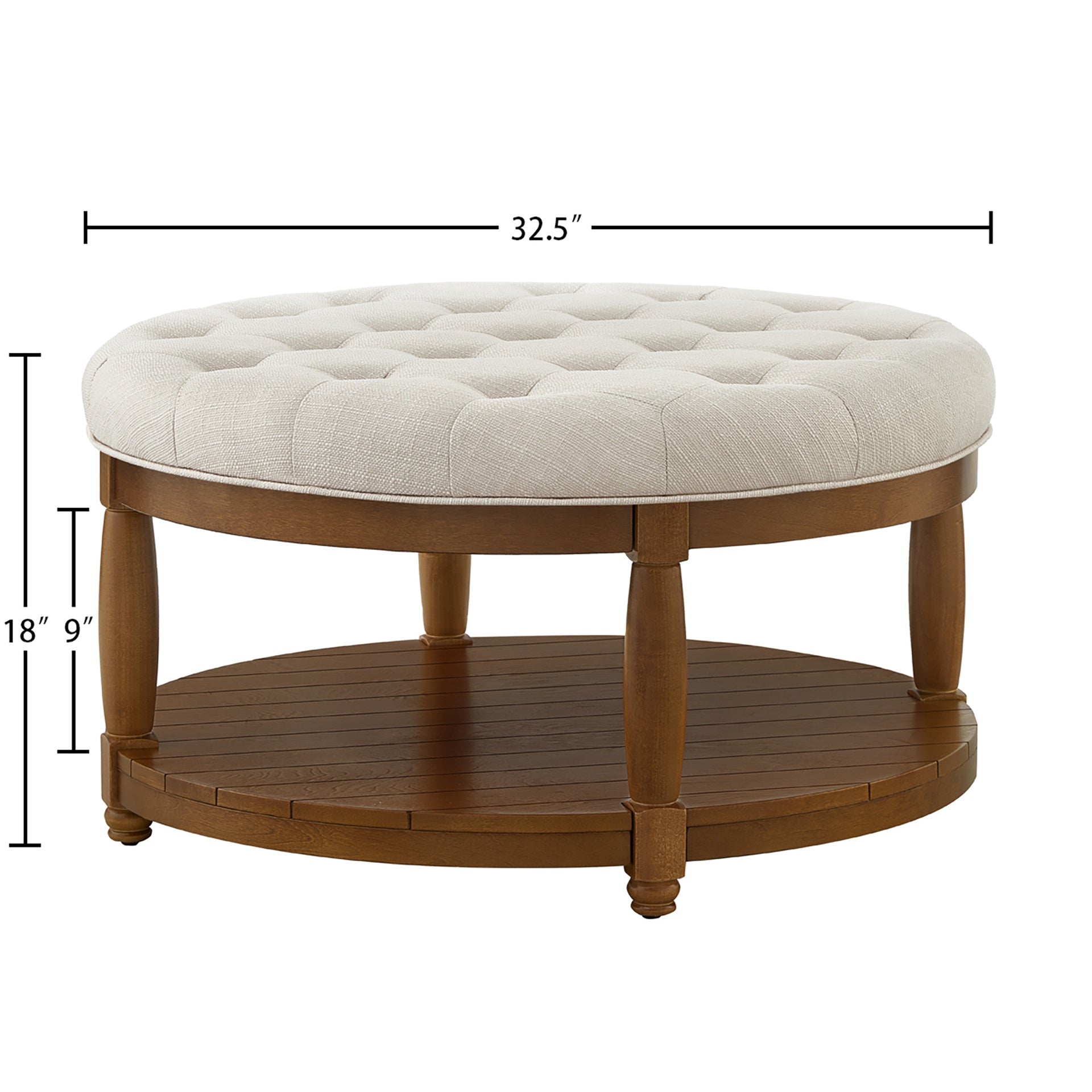 Large Round Upholstered Tufted Linen Ottoman Coffee Table, Large Footrest Ottoman with Wood Shelf Storage- Ivory