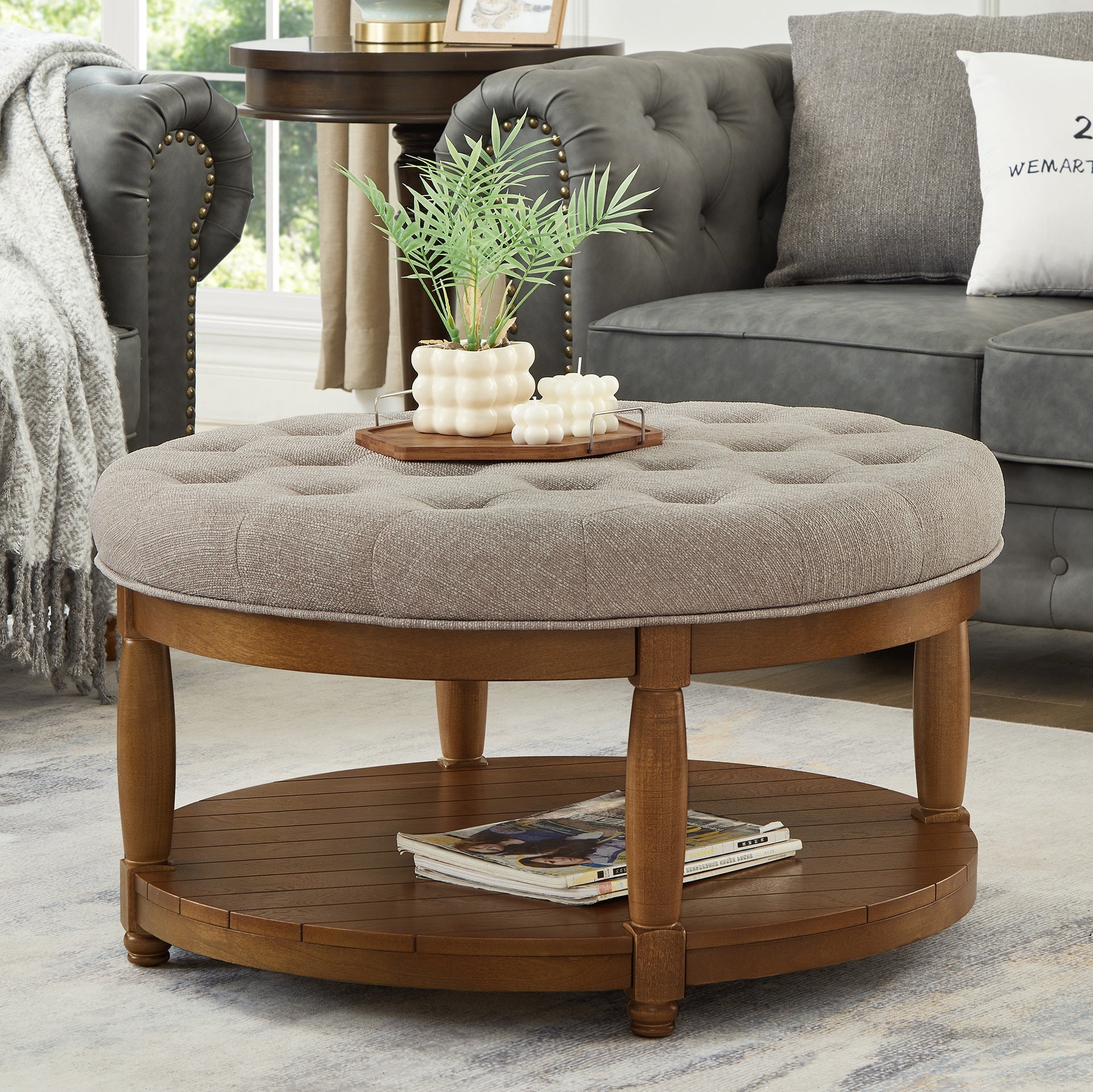 Large Round Upholstered Tufted Linen Ottoman Coffee Table, Large Footrest Ottoman with Wood Shelf Storage- Linen