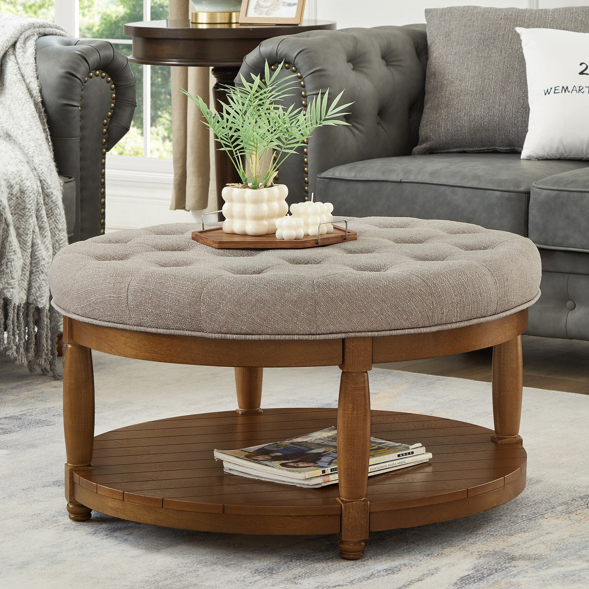 Large Round Upholstered Tufted Linen Ottoman Coffee Table, Large Footrest Ottoman with Wood Shelf Storage- Linen