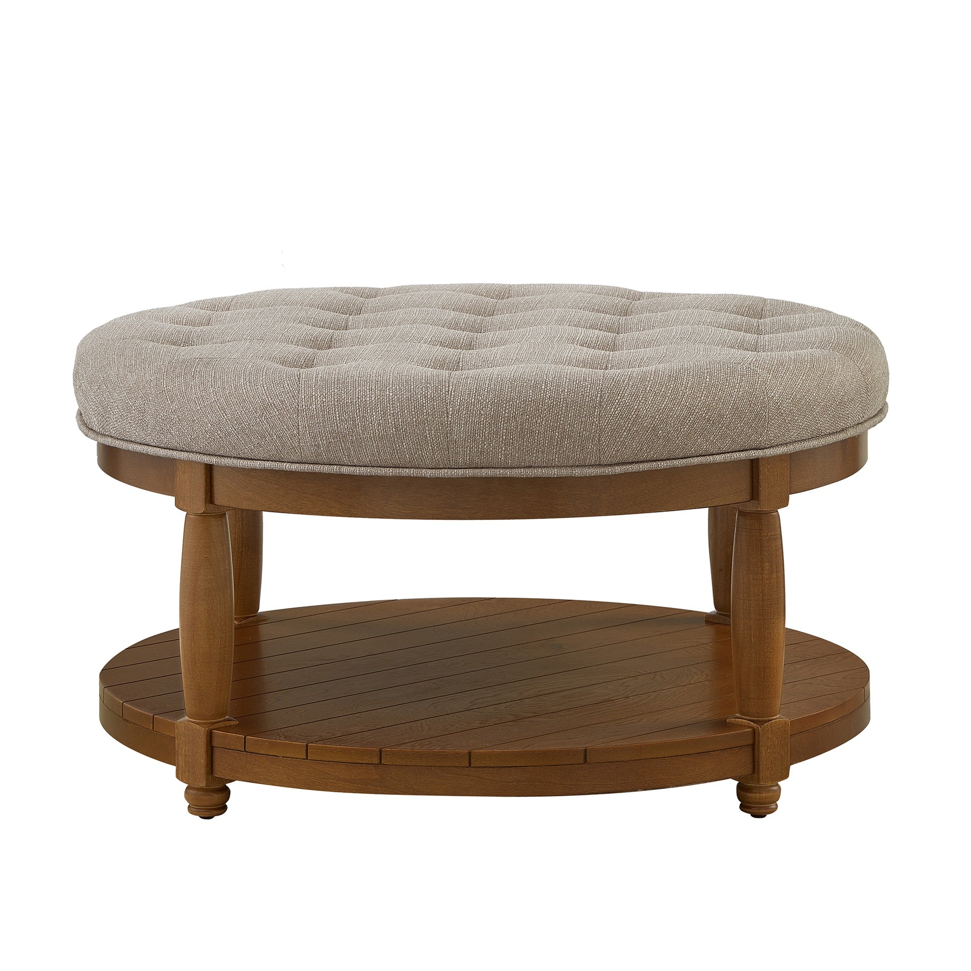 Large Round Upholstered Tufted Linen Ottoman Coffee Table, Large Footrest Ottoman with Wood Shelf Storage- Linen