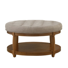 Large Round Upholstered Tufted Linen Ottoman Coffee Table, Large Footrest Ottoman with Wood Shelf Storage- Linen