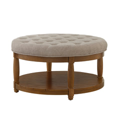 Large Round Upholstered Tufted Linen Ottoman Coffee Table, Large Footrest Ottoman with Wood Shelf Storage- Linen