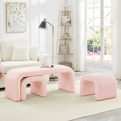 Set of 3 U-Shaped Modern Bench Teddy  Ottoman Bench for Entryway, Bedroom End of Bed, Set of 3 Small Sofa Footrest Extra Seating for Living Room, 44+18 Inch Bench Bench & Ottoman-Pink