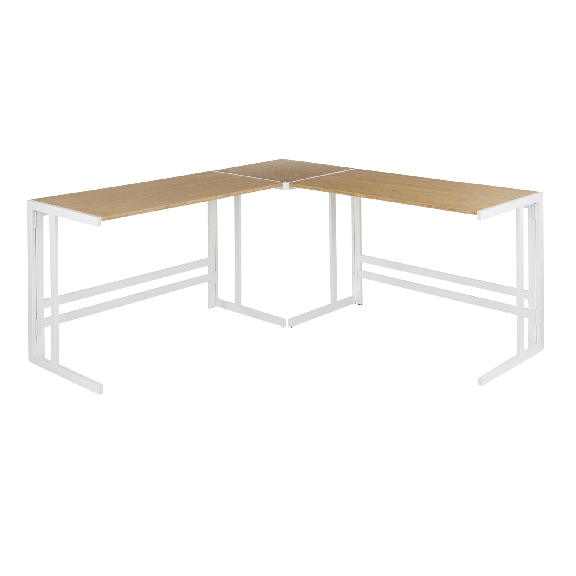 Roman Industrial "L" Shaped Desk in White Metal and Natural Wood-Pressed Grain Bamboo by LumiSource