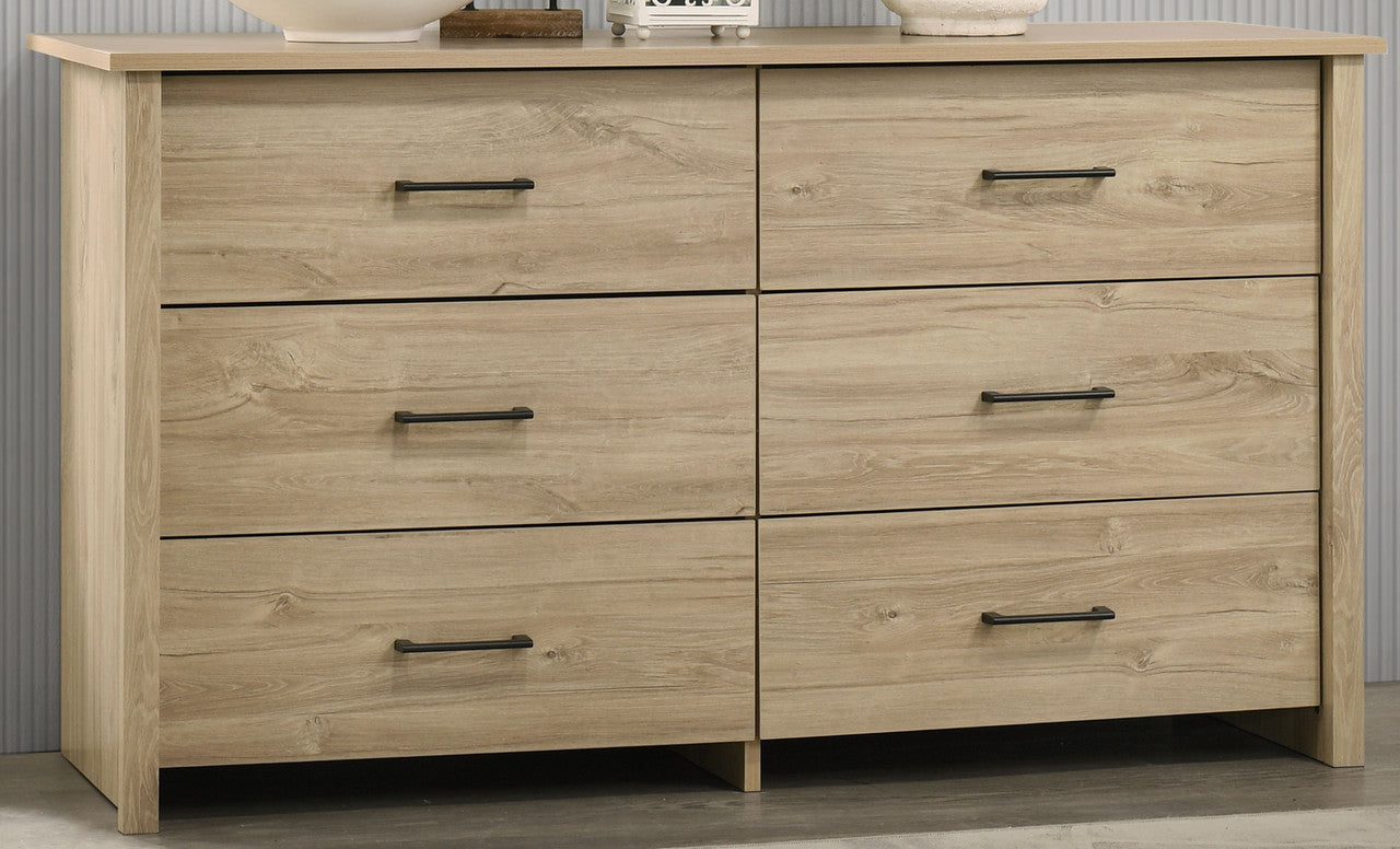 Seraphiel 57"W Light Oak Finish 6-Drawer Dresser with Black Handles