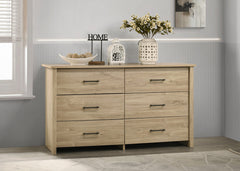 Seraphiel 57"W Light Oak Finish 6-Drawer Dresser with Black Handles
