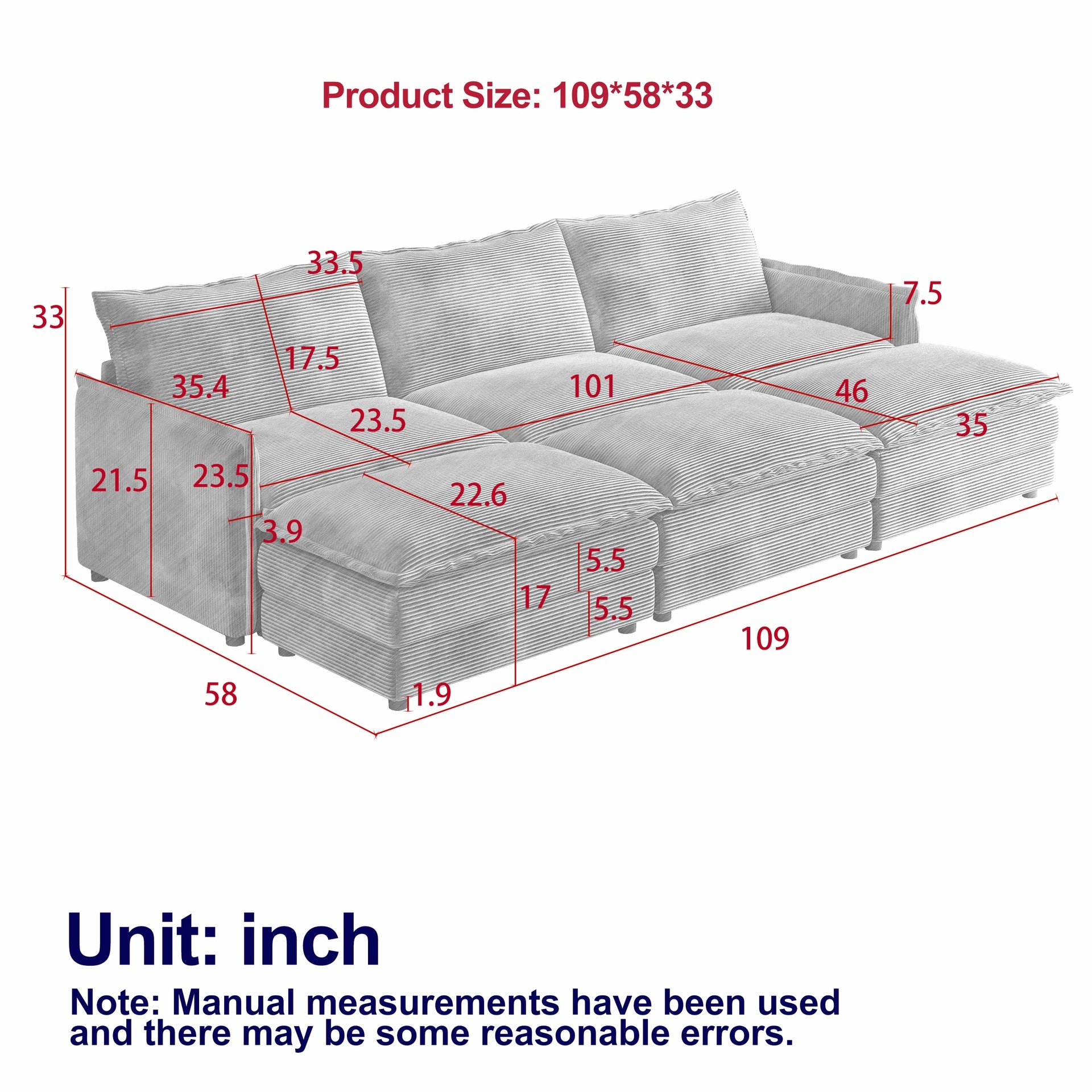 Corduroy fabric 3-seater comfortable cloud sofa with 2 movable footrests for living room, oversized deep-seat recliner, upholstered large-size deep-seat sofa with 3 cushions