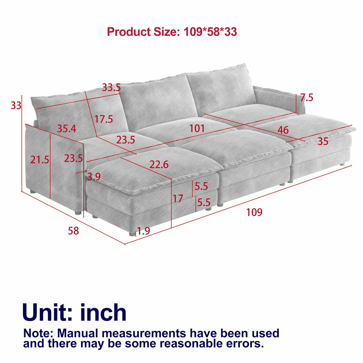 Corduroy fabric 3-seater comfortable cloud sofa with 2 movable footrests for living room, oversized deep-seat recliner, upholstered large-size deep-seat sofa with 3 cushions