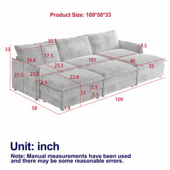 Corduroy fabric 3-seater comfortable cloud sofa with 2 movable footrests for living room, oversized deep-seat recliner, upholstered large-size deep-seat sofa with 3 cushions