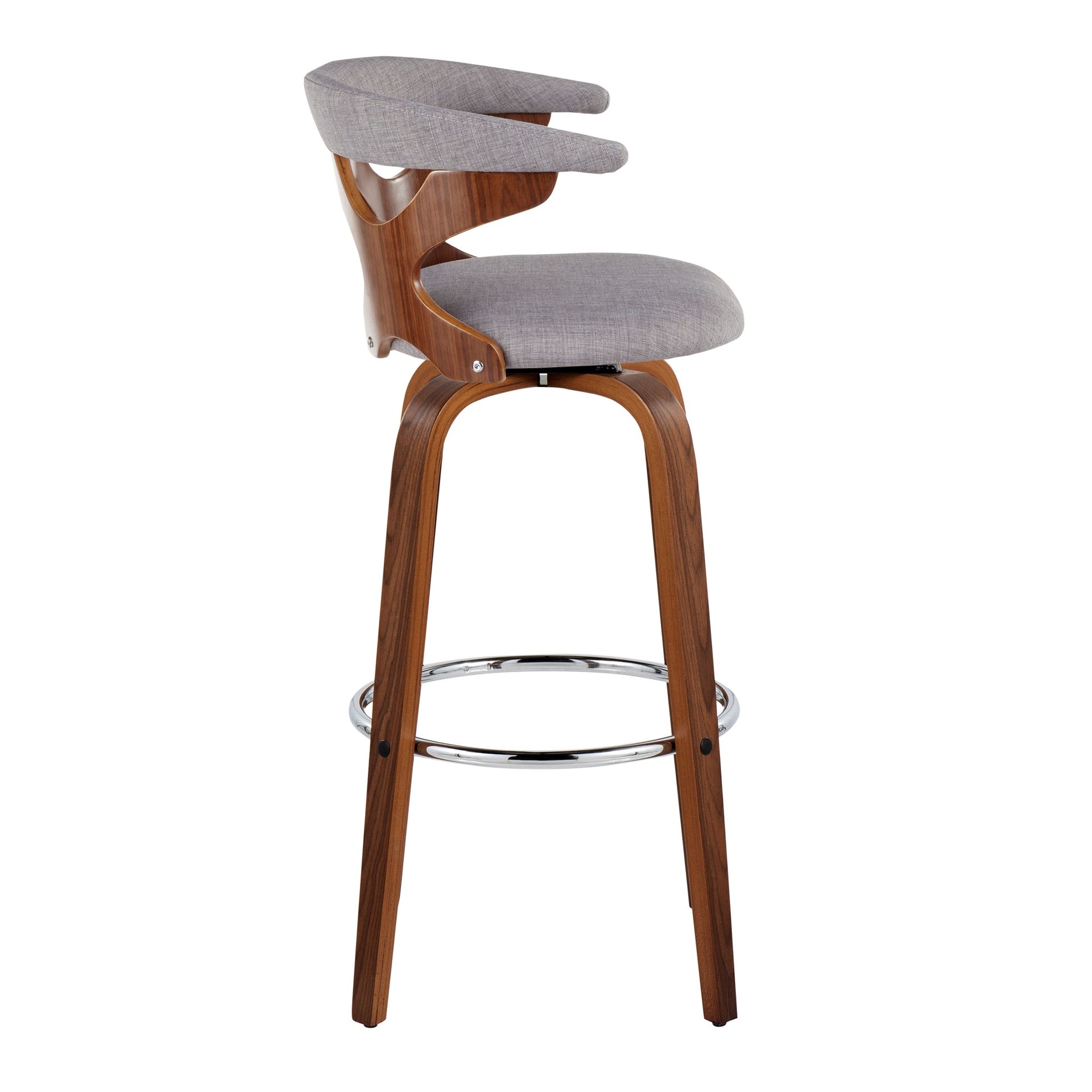 Gardenia 30" Mid-Century Modern Fixed-Height Barstool with Swivel in Walnut Wood and Light Grey Fabric with Round Chrome Metal Footrest by LumiSource - Set of 2