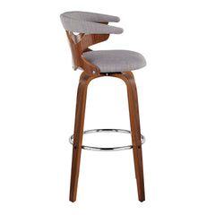 Gardenia 30" Mid-Century Modern Fixed-Height Barstool with Swivel in Walnut Wood and Light Grey Fabric with Round Chrome Metal Footrest by LumiSource - Set of 2