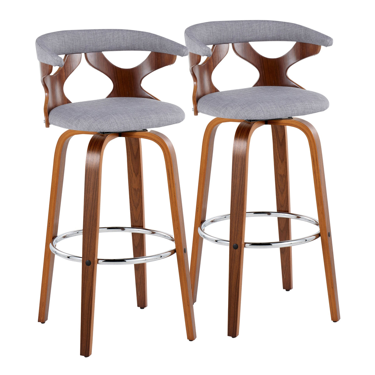 Gardenia 30" Mid-Century Modern Fixed-Height Barstool with Swivel in Walnut Wood and Light Grey Fabric with Round Chrome Metal Footrest by LumiSource - Set of 2