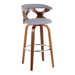 Gardenia 30" Mid-Century Modern Fixed-Height Barstool with Swivel in Walnut Wood and Light Grey Fabric with Round Chrome Metal Footrest by LumiSource - Set of 2