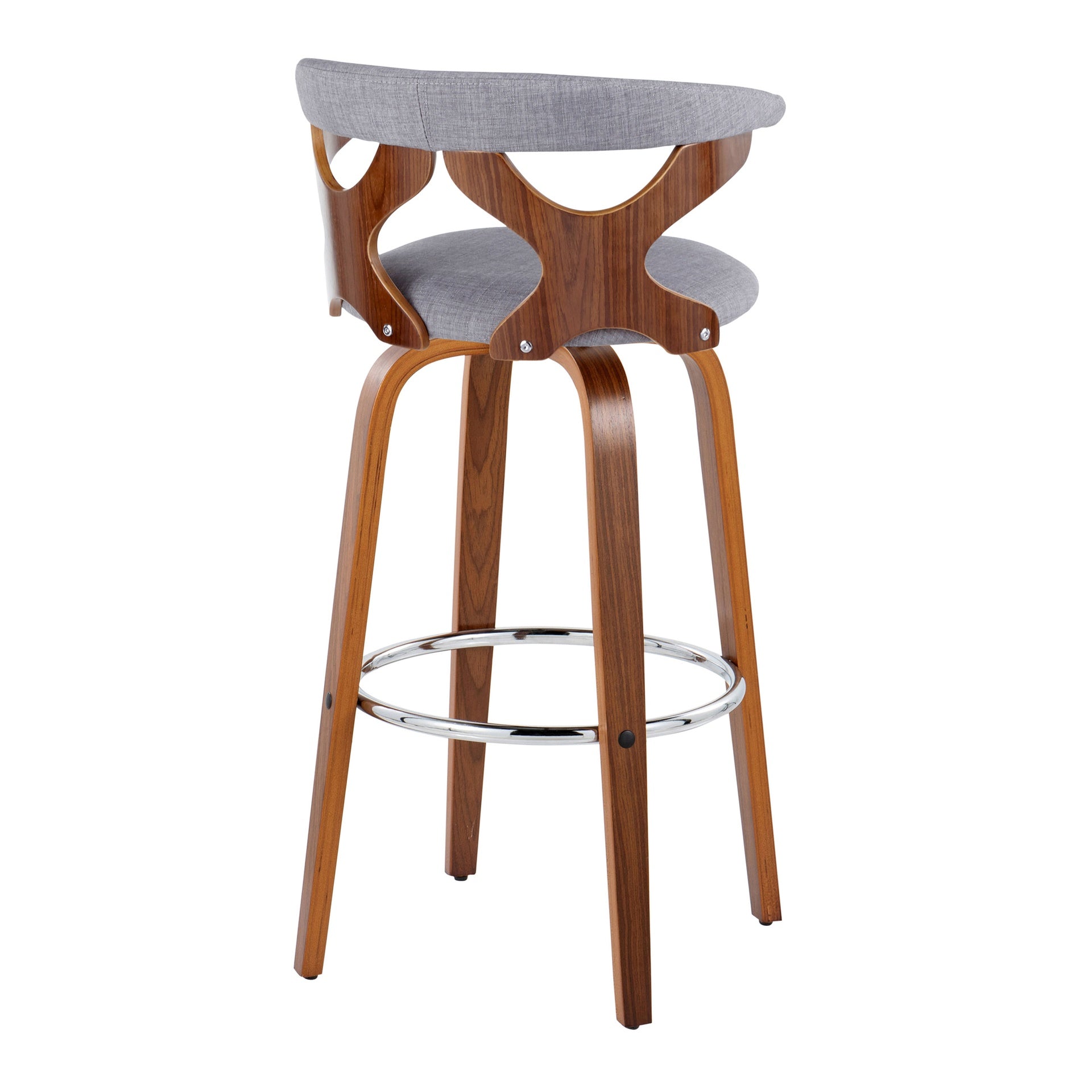 Gardenia 30" Mid-Century Modern Fixed-Height Barstool with Swivel in Walnut Wood and Light Grey Fabric with Round Chrome Metal Footrest by LumiSource - Set of 2
