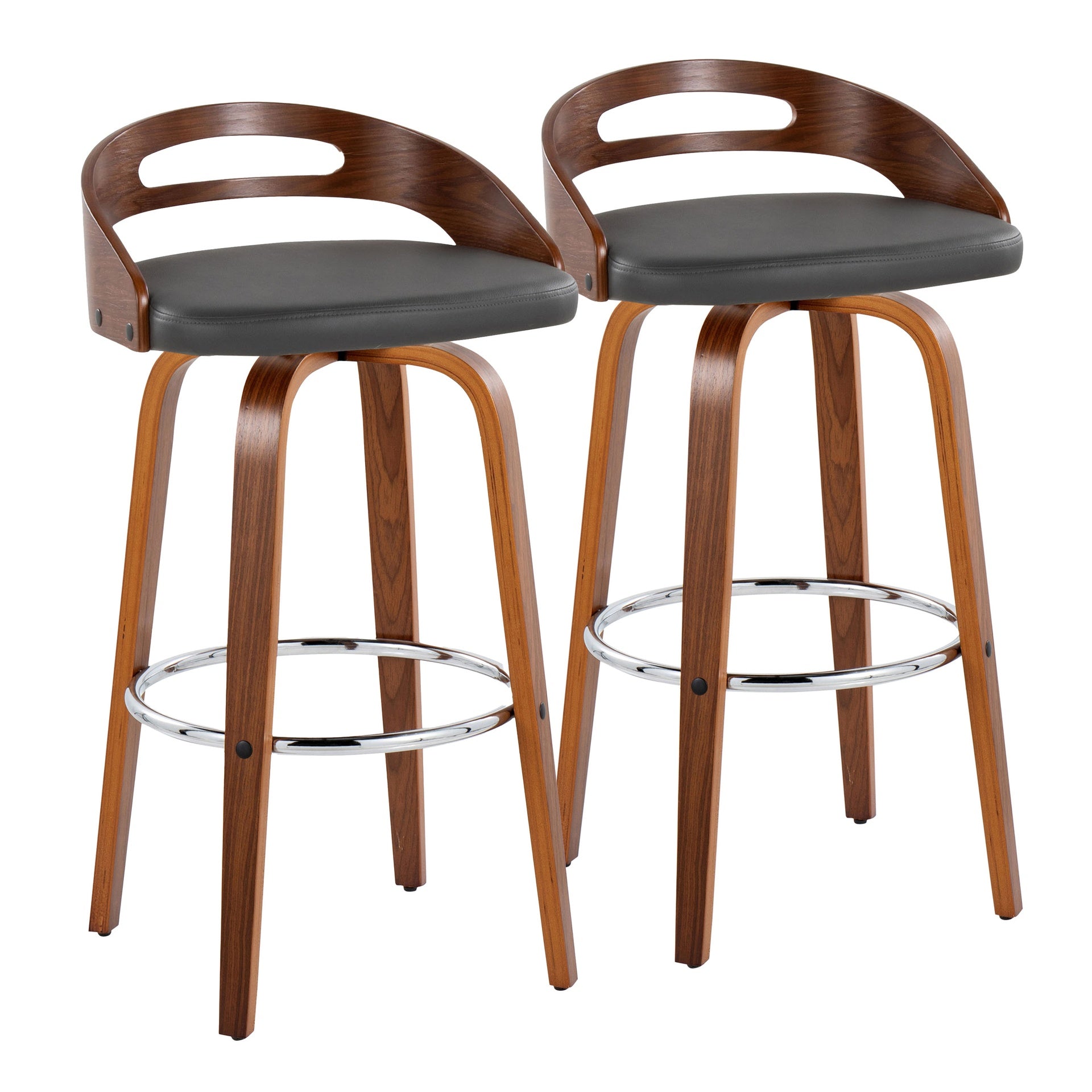 Cassis 30" Mid-Century Modern Fixed-Height Barstool with Swivel in Walnut Wood and Grey Faux Leather with Round Chrome Metal Footrest by LumiSource - Set of 2