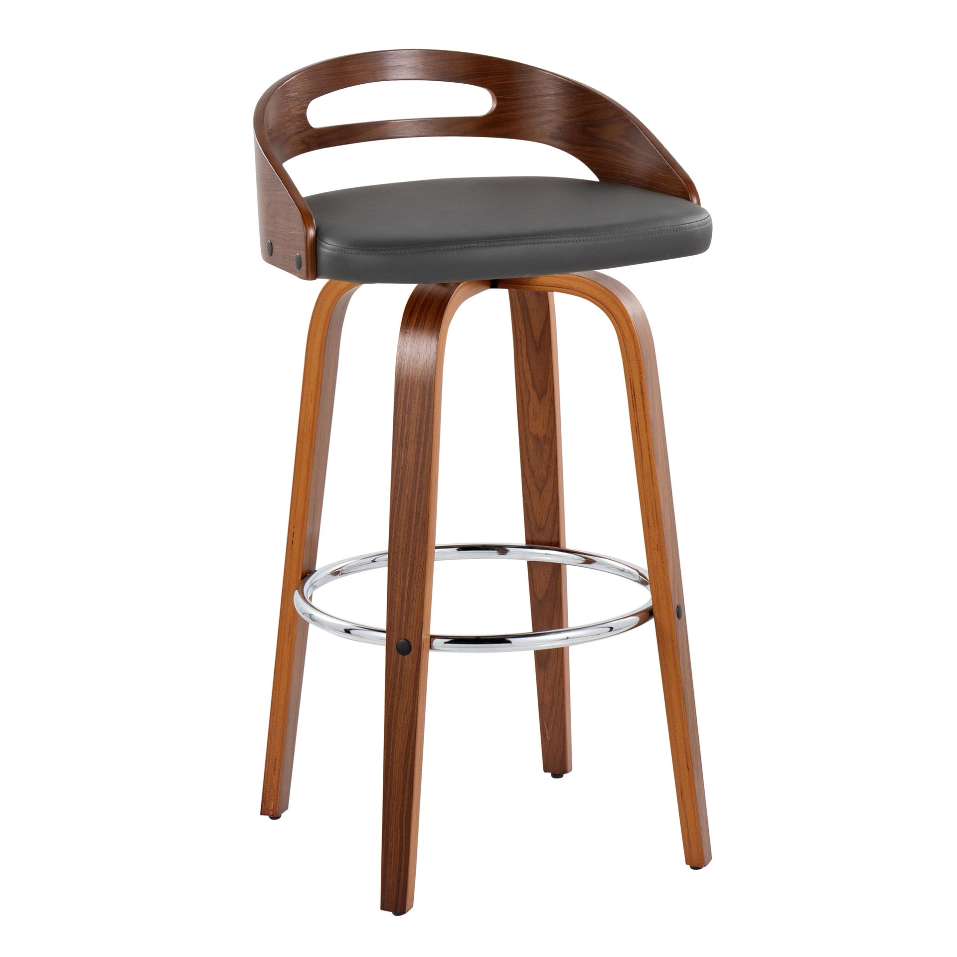 Cassis 30" Mid-Century Modern Fixed-Height Barstool with Swivel in Walnut Wood and Grey Faux Leather with Round Chrome Metal Footrest by LumiSource - Set of 2