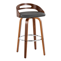 Cassis 30" Mid-Century Modern Fixed-Height Barstool with Swivel in Walnut Wood and Grey Faux Leather with Round Chrome Metal Footrest by LumiSource - Set of 2