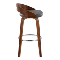 Cassis 30" Mid-Century Modern Fixed-Height Barstool with Swivel in Walnut Wood and Grey Faux Leather with Round Chrome Metal Footrest by LumiSource - Set of 2