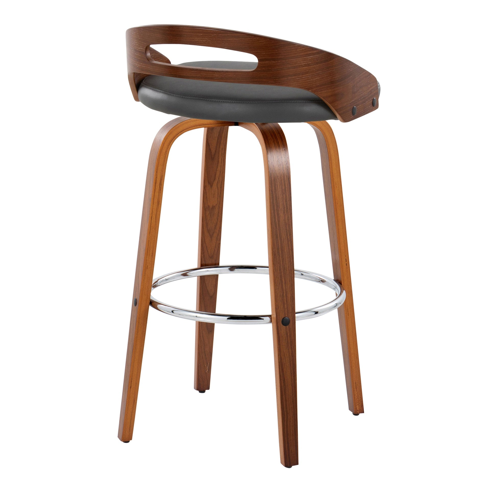 Cassis 30" Mid-Century Modern Fixed-Height Barstool with Swivel in Walnut Wood and Grey Faux Leather with Round Chrome Metal Footrest by LumiSource - Set of 2