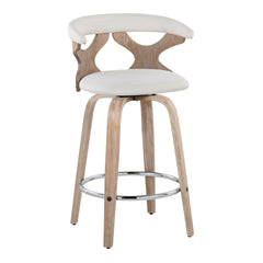 Gardenia 26" Contemporary Fixed-Height Counter Stool with Swivel in White Washed Wood and Cream Fabric with Round Chrome Metal Footrest by LumiSource - Set of 2