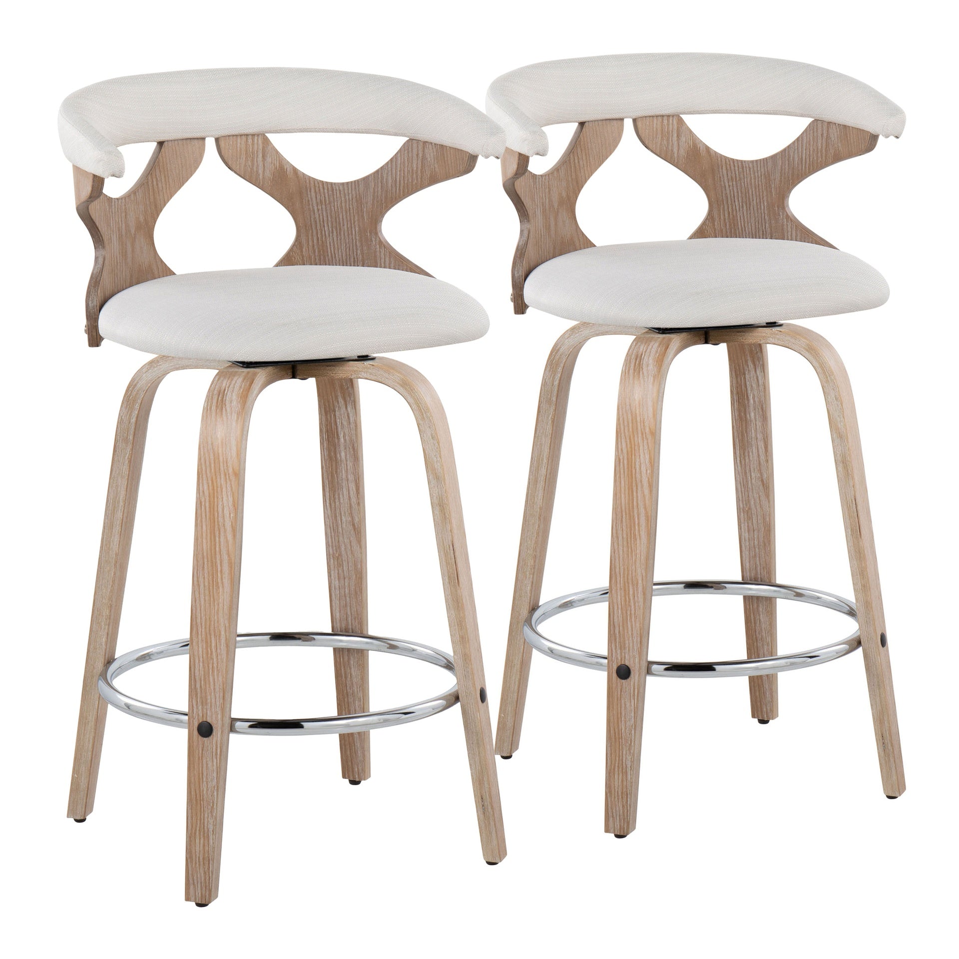 Gardenia 26" Contemporary Fixed-Height Counter Stool with Swivel in White Washed Wood and Cream Fabric with Round Chrome Metal Footrest by LumiSource - Set of 2