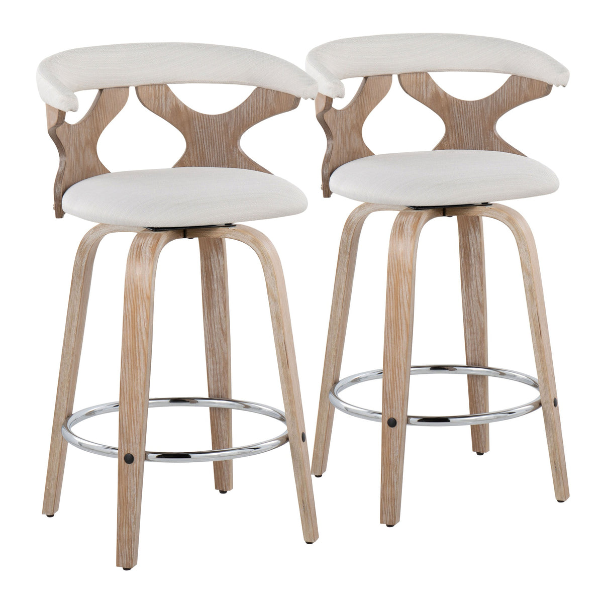 Gardenia 26" Contemporary Fixed-Height Counter Stool with Swivel in White Washed Wood and Cream Fabric with Round Chrome Metal Footrest by LumiSource - Set of 2
