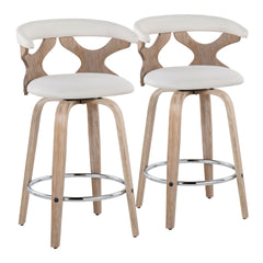 Gardenia 26" Contemporary Fixed-Height Counter Stool with Swivel in White Washed Wood and Cream Fabric with Round Chrome Metal Footrest by LumiSource - Set of 2