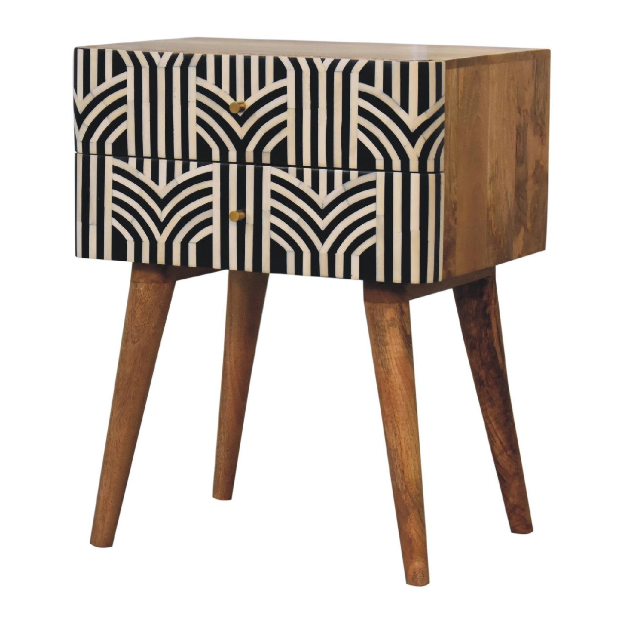 Solid Wood, Edessa Bone Inlay Bedside, 2-Drawers, Nordic Legs, Black and White, Light Brown