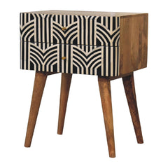 Solid Wood, Edessa Bone Inlay Bedside, 2-Drawers, Nordic Legs, Black and White, Light Brown