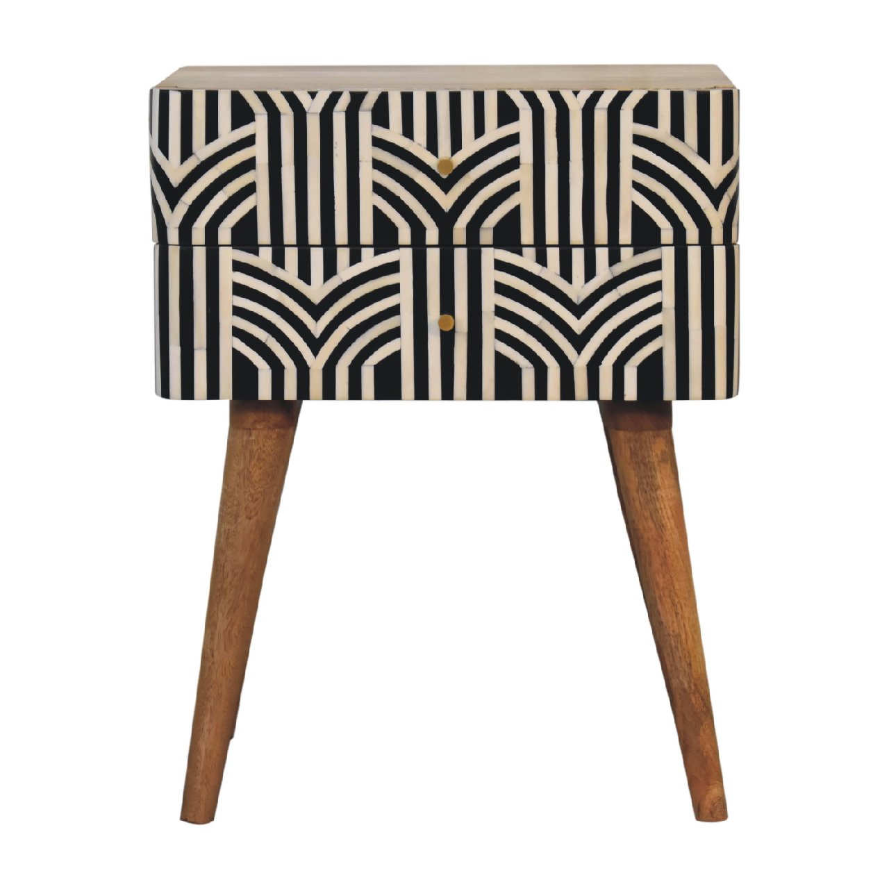 Solid Wood, Edessa Bone Inlay Bedside, 2-Drawers, Nordic Legs, Black and White, Light Brown